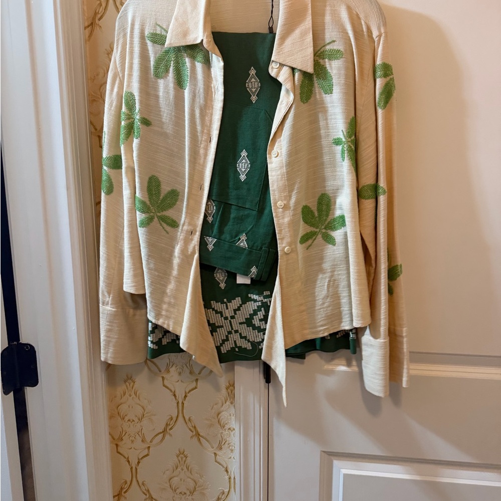 Zara Cream and Green Textured Cardigan